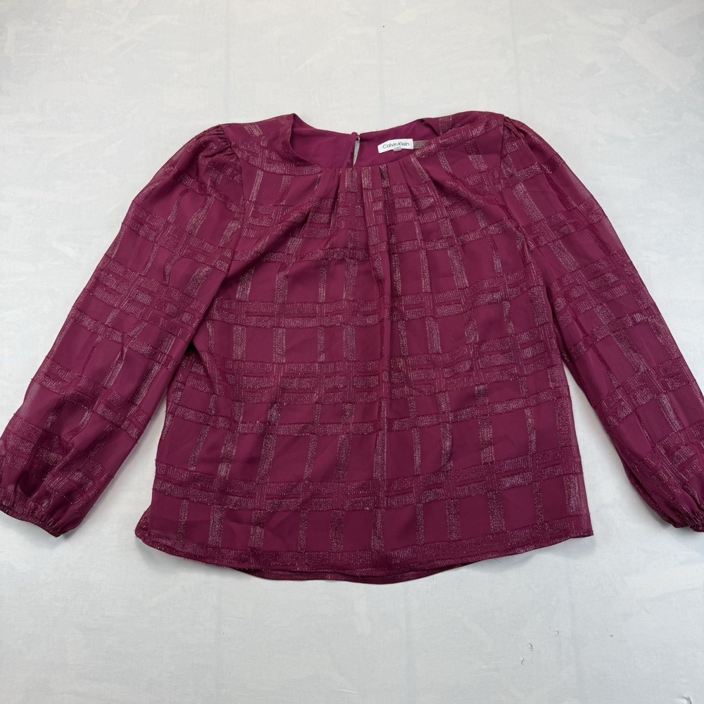 Calvin Klein Women's Large Burgundy Metallic Plaid Sheer Long Sleeve Blouse Top